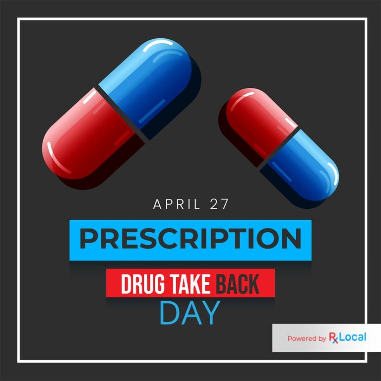 Red and blue capsules with text announcing "April 27 Prescription Drug Take Back Day" on a dark background.
