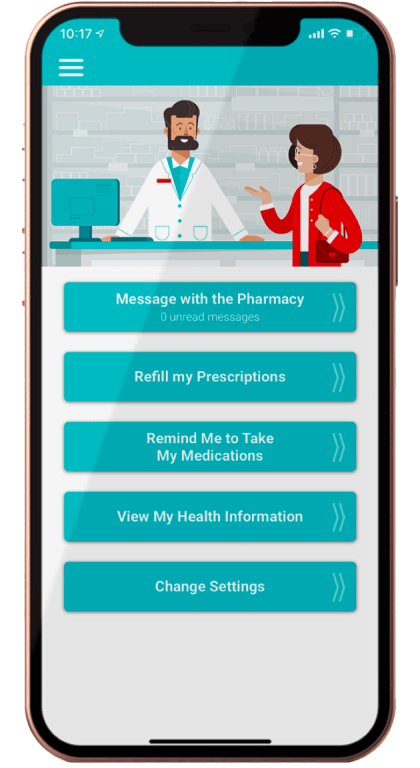 A pharmacist assists a woman in a pharmacy app interface, featuring options for messaging, prescriptions, and health info.