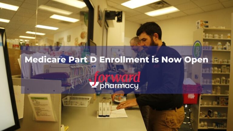 A pharmacist assists a customer at a pharmacy counter, with a sign announcing Medicare Part D enrollment is open.