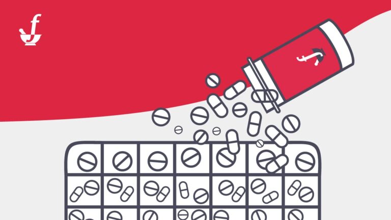 Pills spilling from an overturned container onto a pill organizer, set against a red and gray background.