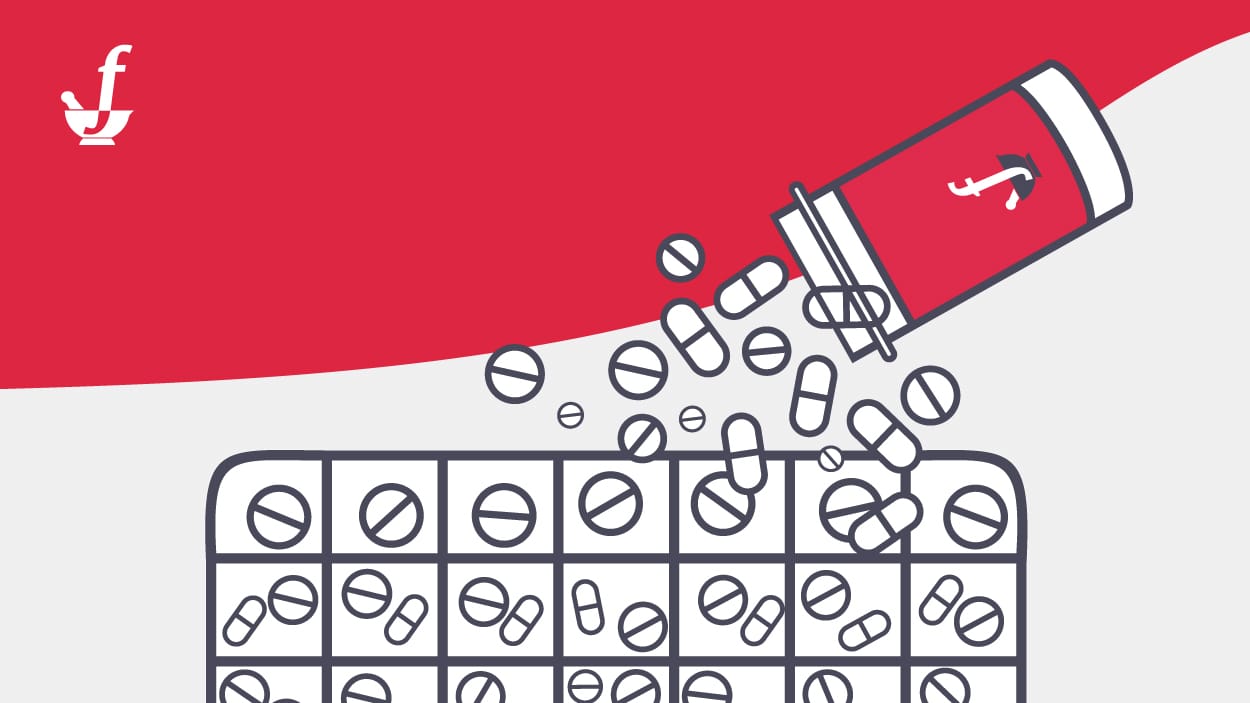 Pills spilling from an overturned container onto a pill organizer, set against a red and gray background.