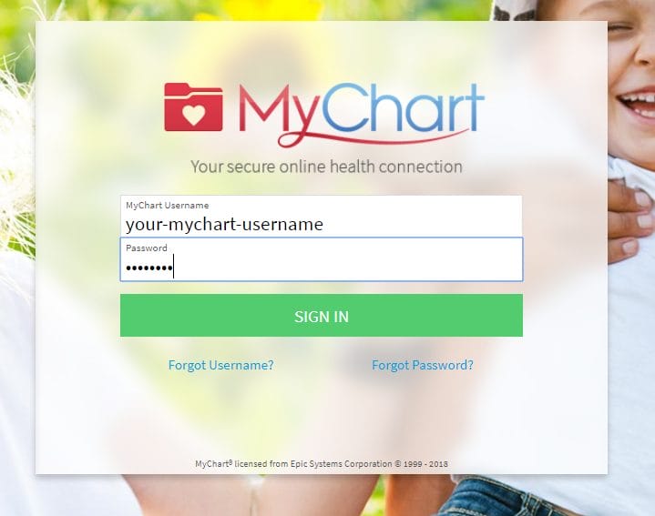 Login screen for MyChart, featuring fields for username and password, with a cheerful background image.