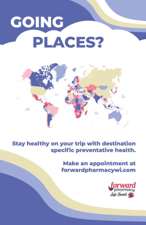 Colorful world map highlighting regions with text promoting destination-specific health services.