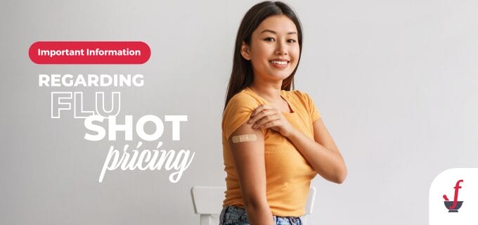 Smiling young woman in a yellow shirt shows her arm with a bandage, promoting flu shot pricing information.