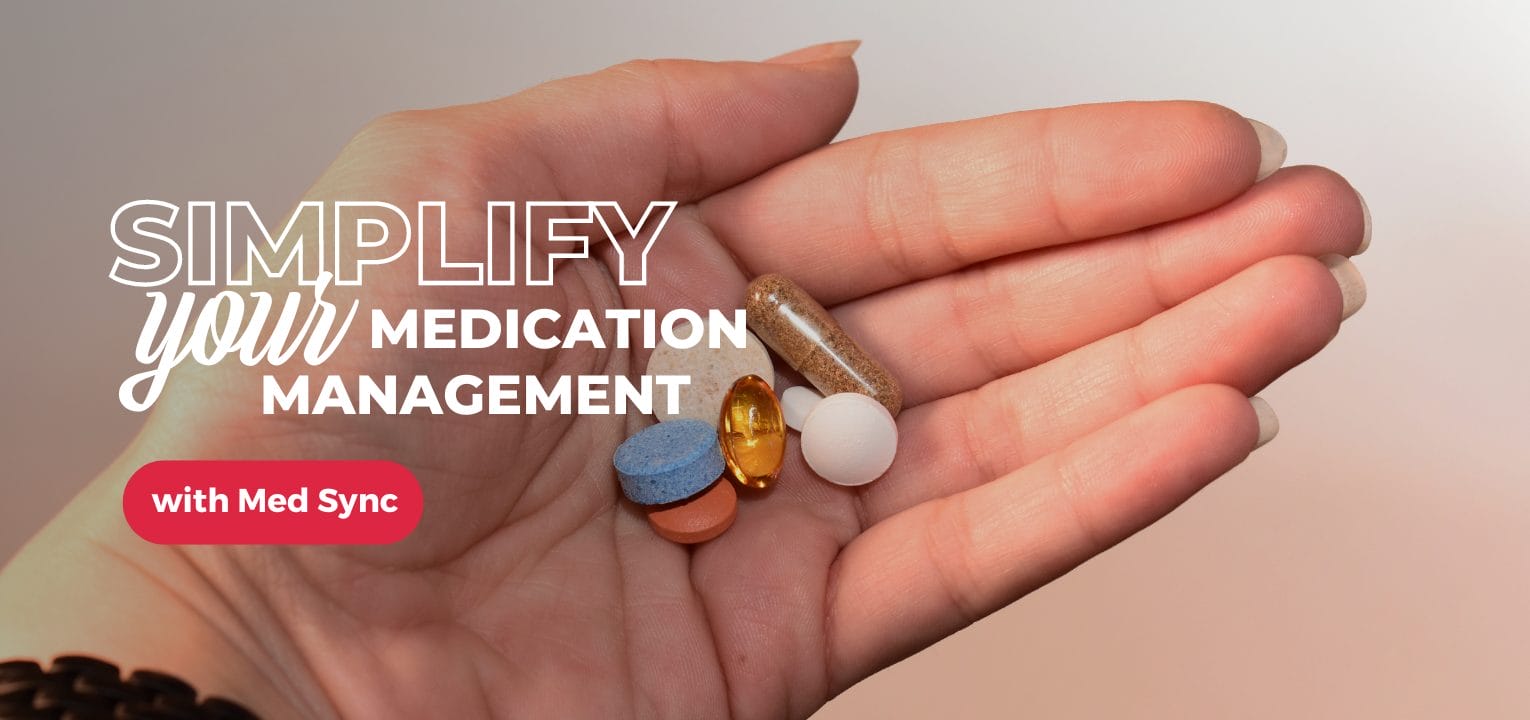 A hand holds various colorful pills against a soft gradient background, promoting medication management with Med Sync.
